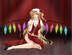 Rule 34 | 1girl, aged up, blonde hair, breasts, china dress, chinese clothes, dress, female focus, flandre scarlet, full body, gradient background, hat, long hair, ponytail, red eyes, ryuushou, side ponytail, solo, touhou, very long hair, wings