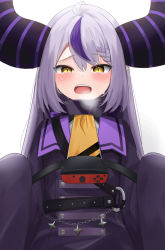Rule 34 | 1girl, absurdres, ahoge, ascot, black coat, black horns, blush, braid, braided bangs, coat, crying, crying with eyes open, demon girl, demon horns, highres, hololive, horns, huge horns, la+ darknesss, long hair, looking at viewer, multicolored hair, pointy ears, purple hair, purple horns, ring-con, ring fit adventure, silver hair, sleeves past fingers, sleeves past wrists, slit pupils, solo, streaked hair, striped horns, suicei, sweat, tears, virtual youtuber, yellow ascot, yellow eyes