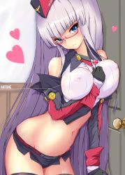 Rule 34 | 1girl, against door, azur lane, bare shoulders, black gloves, blue eyes, blush, breasts, cleavage, covered erect nipples, crop top, glasses, gloves, gneisenau (azur lane), large breasts, long hair, looking at viewer, navel, p.i.t.d, purple hair, red-framed eyewear, shorts, smile, solo, thighhighs, very long hair