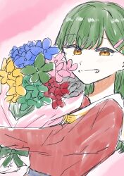 Rule 34 | 1girl, absurdres, blue flower, blush, bouquet, brown dress, dress, flower, from side, green flower, green hair, grey flower, grin, hair ornament, hairclip, hasu no sora school uniform, highres, holding, holding bouquet, link! like! love live!, long hair, long sleeves, looking at viewer, looking to the side, love live!, neckerchief, oogami sachi, pale color, pink background, pink flower, puripuri hurai, red flower, sailor collar, sailor dress, school uniform, smile, solo, swept bangs, upper body, white sailor collar, winter uniform, yellow flower, yellow neckerchief
