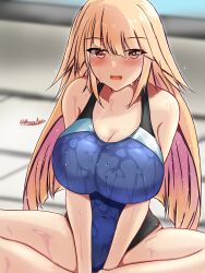 Rule 34 | 1girl, alternate costume, black one-piece swimsuit, blonde hair, blue one-piece swimsuit, blush, breasts, brooklyn (kancolle), competition swimsuit, dated, highleg, highleg swimsuit, highres, impossible clothes, impossible swimsuit, indian style, indoors, kantai collection, large breasts, long hair, looking at viewer, montemasa, multicolored clothes, multicolored swimsuit, one-hour drawing challenge, one-piece swimsuit, open mouth, pool, red eyes, sitting, solo, swimsuit, twitter username, two-tone swimsuit, water, wet, wet clothes, wet swimsuit