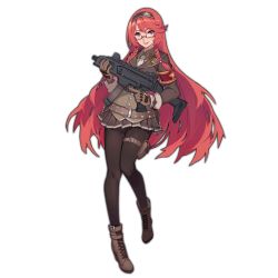 Rule 34 | 1girl, ankle boots, black pantyhose, boots, braid, brown eyes, brown footwear, brown gloves, brown skirt, cross-laced footwear, cz scorpion evo 3, evo 3 (girls&#039; frontline), full body, girls&#039; frontline, glasses, gloves, gun, hairband, holding, holding gun, holding weapon, holster, kugi ta hori taira, lace-up boots, long hair, long sleeves, looking at viewer, military, military uniform, miniskirt, official art, pantyhose, parted lips, pleated skirt, red hair, semi-rimless eyewear, shadow, skirt, smile, solo, submachine gun, thigh holster, thigh strap, transparent background, trigger discipline, under-rim eyewear, uniform, very long hair, watermark, weapon