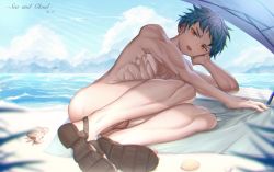 Rule 34 | 1boy, :p, arm support, artist name, ass, beach, beach towel, beach umbrella, blue hair, chromatic aberration, completely nude, crab, day, earrings, elbow rest, english text, eyebrow piercing, hand on own cheek, hand on own face, head rest, head tilt, highres, horizon, jewelry, legs together, lying, male focus, nipples, nude, ocean, on ground, on side, open mouth, orange eyes, original, outdoors, pectorals, piercing, sandals, seashell, sei (783465192), shade, shell, short hair, solo, stud earrings, testicles, toned, toned male, tongue, tongue out, tongue piercing, towel, umbrella, uncensored