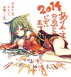 Rule 34 | 10s, 1girl, 2014, animal ears, bare legs, barefoot, borrowed character, breasts, cleavage, floral print, green hair, hair ornament, happy birthday, happy new year, japanese clothes, kimono, long hair, long sleeves, lying, new year, on side, original, red eyes, simple background, solo, thighs, white background, yamucha, yumeko (reia)