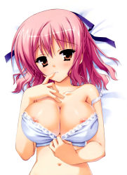 Rule 34 | 1girl, absurdres, bare shoulders, blue bra, blush, bra, bra pull, breasts, brown eyes, cleavage, clothes pull, collarbone, finger to mouth, hair ribbon, highres, kobuichi, large breasts, lingerie, looking at viewer, muririn, navel, nipple slip, nipples, parted lips, pink hair, ribbon, shiny skin, solo, strap slip, tenshinranman, tokiwa mahiro, underwear, upper body