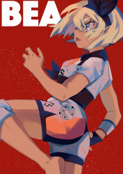 Rule 34 | 1girl, absurdres, barefoot, bea (pokemon), black bodysuit, black hairband, blonde hair, blue eyes, bodysuit, bodysuit under clothes, bow hairband, character name, commentary, creatures (company), dynamax band, eyelashes, from side, game freak, gloves, hairband, hand up, highres, karin (nasi0402), knee pads, leg up, nintendo, open mouth, partially fingerless gloves, pokemon, pokemon swsh, print shirt, print shorts, red background, shirt, short hair, short sleeves, shorts, side slit, side slit shorts, single glove, solo, symbol-only commentary, teeth, tongue, upper teeth only