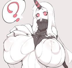 Rule 34 | 10s, 1girl, ?, absurdres, bad id, bad tumblr id, breasts, bright pupils, claws, colored skin, covered erect nipples, detached sleeves, eyeshadow, gigantic breasts, gloss (hotglossed), hand on own chest, high collar, highres, horns, inverted nipples, kantai collection, large areolae, long hair, makeup, puffy nipples, red eyes, ribbed sweater, seaport princess, short eyebrows, single horn, solo, spoken question mark, sweater, upper body, white hair, white skin