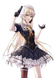 Rule 34 | 1girl, absurdres, black gloves, blonde hair, breasts, brown eyes, cowboy shot, dress, frilled dress, frilled hairband, frilled thighhighs, frills, garter straps, girls&#039; frontline, gloves, gothic lolita, gun, hairband, handgun, highres, lolita fashion, long hair, open mouth, ppk (girls&#039; frontline), puffy short sleeves, puffy sleeves, short sleeves, single thighhigh, small breasts, smile, solo, suprii, thighhighs, very long hair, walther, walther ppk, weapon