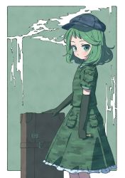 Rule 34 | 1girl, :/, absurdres, box, camouflage, dress, elbow gloves, feet out of frame, gloves, green dress, green hair, grey background, hat, highres, looking at viewer, nama udon, simple background, solo, touhou, yamashiro takane