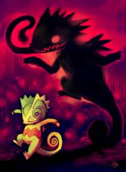Rule 34 | absurdres, bad deviantart id, bad id, creature, creatures (company), dark, different shadow, full body, game freak, gen 3 pokemon, glitchedpuppet, highres, huge filesize, jumping, kecleon, nintendo, no humans, pokemon, pokemon (creature), pokemon move, shadow, signature, smile, solo