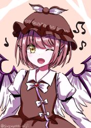 Rule 34 | 1girl, absurdres, animal ears, beamed eighth notes, bird ears, bird wings, brown dress, brown hat, collared shirt, dress, eighth note, hat, highres, long sleeves, musical note, mystia lorelei, one eye closed, open mouth, pink hair, quarter note, shirt, short hair, sleeve garter, smile, solo, suzuzora niji, touhou, upper body, white shirt, white wings, winged hat, wings, yellow eyes
