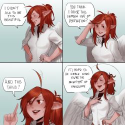 Rule 34 | 1girl, 4koma, ahoge, angel wings, breasts, brown hair, comic, commentary, english commentary, english text, closed eyes, eyes visible through hair, fang, tucking hair, hand on own chest, hands on own hips, haohi (less), highres, less, medium breasts, medium hair, open mouth, original, parted lips, pointing, pointing at self, ponytail, red eyes, shirt, smile, smug, solo, speech bubble, square 4koma, v-shaped eyebrows, white shirt, wings