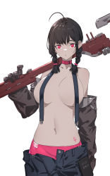 Rule 34 | 1girl, absurdres, ahoge, bare shoulders, black hair, braid, breasts, brown gloves, brown sleeves, choker, collarbone, copyright request, cowboy shot, detached sleeves, gloves, grey background, gun, highres, holding, holding wrench, huang (volt0526), large breasts, navel, open fly, over shoulder, oversized object, panties, pink choker, pink panties, red eyes, simple background, solo, tattoo, topless male, twin braids, underwear, venus symbol, weapon, white background, wrench