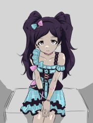 Rule 34 | 1girl, bandaid, bandaid on arm, bare shoulders, black hair, blue dress, choker, closed mouth, collarbone, dot nose, dress, emily stewart, eyelashes, fluffy hair, frilled dress, frills, from above, grey background, hair ribbon, hairband, hand on own knee, heart, heart-shaped pupils, highres, idolmaster, idolmaster million live!, idolmaster million live! theater days, light smile, long hair, looking at viewer, matcha kingyo, official alternate costume, official alternate hairstyle, own hands together, parted bangs, pink choker, purple eyes, ribbon, shaded face, shoulder strap, simple background, sitting, solo, symbol-shaped pupils, twintails, v arms