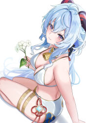 Rule 34 | 1girl, absurdres, alternate costume, bell, bikini, blue hair, breasts, c1p122, closed mouth, commentary request, flower, ganyu (genshin impact), genshin impact, goat horns, hair between eyes, highres, holding, holding flower, horns, large breasts, long hair, looking at viewer, looking back, low ponytail, multiple thigh straps, neck bell, purple eyes, qingxin flower, sideboob, sidelocks, sitting, smile, solo, swimsuit, vision (genshin impact), white background, white bikini, white nails