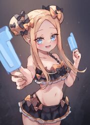 Rule 34 | 1girl, abigail williams (emerald float) (fate), abigail williams (fate), bare shoulders, bikini, black bikini, black bow, black skirt, blonde hair, blue eyes, blush, bow, breasts, collarbone, double bun, fate/grand order, fate (series), food, forehead, frilled bikini, frills, hair bow, hair bun, highres, long hair, looking at viewer, microskirt, miya (miyaruta), navel, open mouth, orange bow, outstretched arm, parted bangs, popsicle, skirt, small breasts, smile, solo, swimsuit, thighs