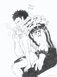 Rule 34 | 2boys, abs, ass, blush, charlotte katakuri, cigarette, clothed male nude male, cum, curly eyebrows, english text, erection, facial hair, height difference, highres, holding, holding cigarette, male focus, monochrome, multiple boys, muscular, muscular male, nipples, nude, one piece, penis, sanji (one piece), short hair, sitting, sitting on person, size difference, smoking, spikes, tattoo, toned, toned male, trembling, uncensored, yaoi, zauberkohle