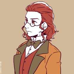 Rule 34 | 10s, 1boy, bow, bowtie, brown eyes, brown hair, classicaloid, dramatica, franz schubert (classicaloid), glasses, grey background, jacket, limited palette, male focus, short hair, sidelocks, simple background, solo, twitter username, upper body, waistcoat