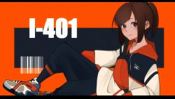 Rule 34 | 1girl, absurdres, alternate costume, black pants, brown eyes, brown hair, casual, character name, hato kan, highres, i-401 (kancolle), kantai collection, looking at viewer, pants, ponytail, shoes, short hair, smile, sneakers, solo, sweater, white footwear