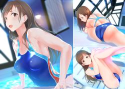 Rule 34 | 1girl, absurdres, ass, brown eyes, brown hair, chair, competition swimsuit, highres, idolmaster, idolmaster cinderella girls, idolmaster cinderella girls starlight stage, indoors, long hair, looking at viewer, lounge chair, lying, multiple views, nitta minami, one-piece swimsuit, open mouth, pool, q (ed69), rei no pool, sitting, stretching, swimsuit, water, wet