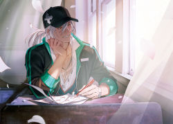 Rule 34 | 1boy, baseball cap, black hat, black jacket, classroom, collarbone, contemporary, curtains, desk, dress shirt, hair between eyes, hat, head rest, highres, holding, holding pencil, indoors, jacket, jewelry, long hair, long sleeves, looking outside, male focus, necklace, official alternate costume, open clothes, open jacket, open shirt, open window, pencil, petals, ponytail, shirt, silver hair, solo, tales of (series), tales of zestiria, transparent, unbuttoned, unbuttoned shirt, watch, white shirt, window, wristwatch, yarr, yellow eyes, zaveid (punk guidance counselor) (tales), zaveid (tales)