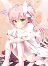 Rule 34 | 10s, 1girl, :t, aibumi, ass, bad id, bad pixiv id, blush, bow, checkered floor, collarbone, commentary request, doodle, dress, gloves, hair bow, kaname madoka, long hair, mahou shoujo madoka magica, mahou shoujo madoka magica (anime), pen-zin, petals, pink hair, pink thighhighs, pink wings, pout, sitting, solo, squiggle, star (symbol), thighhighs, tile floor, tiles, two side up, ultimate madoka, upskirt, very long hair, white dress, white gloves, wings, yellow eyes