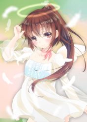 Rule 34 | 10s, 1girl, alternate costume, angel, angel wings, blush, brown eyes, brown hair, choker, dress, feathers, fumizuki (kancolle), halo, high ponytail, kantai collection, looking at viewer, negativeundead, ribbon choker, smile, solo, white dress, wings