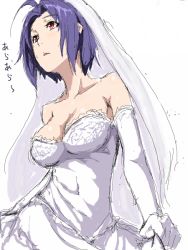Rule 34 | 1girl, breasts, bridal veil, clearite, dress, elbow gloves, gloves, idolmaster, idolmaster (classic), miura azusa, parted bangs, purple hair, red eyes, short hair, simple background, solo, veil, wedding dress, white background