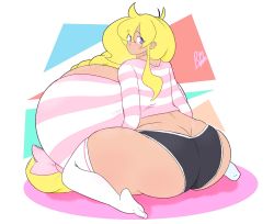 Rule 34 | 1girl, ass, black shorts, blonde hair, breasts, breasts on lap, butt crack, cassie (theycallhimcake), gigantic breasts, highres, huge ass, long hair, looking back, original, shirt, short shorts, shorts, sitting, smile, solo, striped clothes, striped shirt, tan, theycallhimcake, thick thighs, thighhighs, thighs, very long hair, wariza, white thighhighs