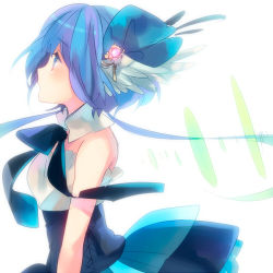 Rule 34 | 1girl, aoki lapis, bad id, bad nicoseiga id, bare shoulders, blue eyes, blue hair, bow, bowtie, hair ornament, hair ribbon, long hair, looking away, looking up, lowres, matching hair/eyes, ousaka nozomi, profile, ribbon, simple background, skirt, solo, twintails, vocaloid