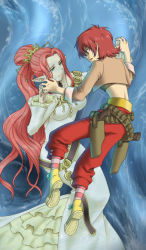 Rule 34 | 2girls, alfa system, belt, blue background, breasts, cartridge, cropped jacket, dress, full body, green eyes, gun, holding hands, holster, inanna, inanna (tales), iria animi, long hair, medium breasts, midriff, multiple girls, pants, pointy ears, ponytail, red hair, shoes, short hair, smile, tales of (series), tales of innocence, tempyou kango, weapon, white dress