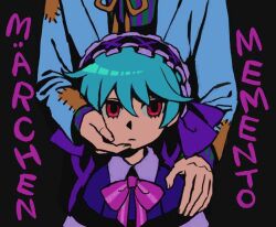 Rule 34 | bad link, blue hair, dress, hair ribbon, hand on another&#039;s face, hand on another&#039;s shoulder, looking at viewer, memento marchen, multicolored hair, patch, pink eyes, purple dress, ribbon, rusha (memento marchen), serious, short hair, wakaba