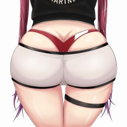 Rule 34 | 1girl, ass, ass focus, bikini, bikini under clothes, black jacket, butt crack, cameltoe, curvy, highres, hololive, houshou marine, houshou marine (summer), huge ass, jacket, long hair, multicolored hair, red bikini, red hair, short shorts, shorts, simple background, skindentation, solo, swimsuit, taiggerrock, thick thighs, thigh gap, thigh strap, thighs, tight shorts, twintails, two-tone hair, very long hair, virtual youtuber, whale tail (clothing), white background