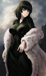Rule 34 | 1girl, angdo (kakajo26), black dress, black hair, blunt bangs, breasts, brown hair, coat, collarbone, commentary request, cowboy shot, dress, fubuki (one-punch man), fur coat, green eyes, highres, impossible clothes, large breasts, long dress, long sleeves, looking at viewer, off shoulder, one-punch man, open clothes, outdoors, short hair, smile, solo