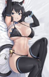 Rule 34 | 1girl, absurdres, animal ear fluff, animal ears, armpits, bell, bikini, black hair, black thighhighs, blue eyes, blue ribbon, breasts, cat ears, cat girl, cat tail, choker, cleavage, commission, elbow gloves, gloves, goback, grin, highres, jingle bell, large breasts, looking at viewer, lying, medium hair, navel, on back, original, ribbon, ribbon choker, side-tie bikini bottom, smile, solo, swimsuit, tail, thighhighs, wrist belt