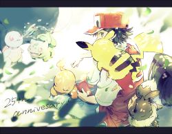Rule 34 | 1boy, anniversary, bad id, bad pixiv id, bag, baseball cap, black hair, bulbasaur, charmander, commentary request, creatures (company), day, eevee, falling leaves, flame-tipped tail, game freak, gen 1 pokemon, grey eyes, hat, holding pokedex, jacket, leaf, male focus, nao (naaa 195), nintendo, on shoulder, outdoors, pants, pikachu, pokedex, pokemon, pokemon (creature), pokemon on shoulder, pokemon rgby, red (pokemon), red headwear, shirt, short hair, short sleeves, sitting, squirtle, unworn bag, water, white shirt