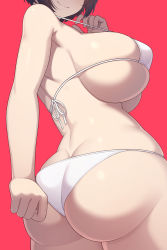 Rule 34 | 1girl, ass, back, bare shoulders, bikini, blush, breasts, brown hair, closed mouth, highres, large breasts, looking back, original, red background, samegami, short hair, sideboob, skindentation, smile, solo, swimsuit, wedgie, white bikini