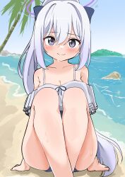 Rule 34 | 168admiral (sunflower), 1girl, absurdres, ass, bare arms, bare legs, bare shoulders, beach, black one-piece swimsuit, blue archive, blue halo, blush, breasts, cleavage, closed mouth, day, feet out of frame, frilled one-piece swimsuit, frills, grey hair, hair between eyes, halo, highres, long hair, looking at viewer, miyako (blue archive), miyako (swimsuit) (blue archive), ocean, off-shoulder one-piece swimsuit, off shoulder, official alternate costume, one-piece swimsuit, outdoors, ponytail, purple eyes, small breasts, smile, solo, swimsuit