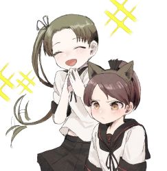 Rule 34 | 2girls, animal ears, ayanami (kancolle), bad id, bad twitter id, black neckwear, black skirt, blush, brown hair, cat ears, closed eyes, closed mouth, expressive hair, fake animal ears, hair ribbon, kantai collection, long hair, multiple girls, open mouth, own hands together, pleated skirt, ponytail, ribbon, sailor collar, school uniform, serafuku, shikinami (kancolle), shikinami kai ni (kancolle), short sleeves, side ponytail, simple background, skirt, sparkle, tori knkr, white background