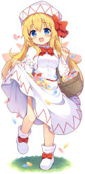 Rule 34 | 1girl, baku-p, basket, blonde hair, blue eyes, blush, capelet, dress, fairy, fairy wings, full body, hair between eyes, hat, highres, holding, holding basket, lily white, long hair, long sleeves, looking at viewer, open mouth, shoes, simple background, smile, solo, touhou, white background, white capelet, white dress, white footwear, white hat, wide sleeves, wings