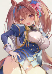 Rule 34 | 1girl, aiguillette, animal ears, blue dress, blush, breasts, brown hair, center frills, daiwa scarlet (umamusume), dress, epaulettes, fang, frills, hair intakes, hand on own hip, horse ears, horse girl, horse tail, juliet sleeves, large breasts, leotard, leotard peek, leotard under clothes, long hair, long sleeves, looking at viewer, open mouth, puffy sleeves, red eyes, smile, solo, tail, thighs, tiara, twintails, umamusume, underbust, very long hair, vivi (eve no hakoniwa)