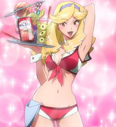 Rule 34 | 1girl, blonde hair, breasts, cameltoe, choker, cleavage, drink, food, headband, honey (space dandy), lipstick, looking at viewer, makeup, navel, open mouth, red eyes, screencap, shorts, space dandy, tagme, tray, waitress