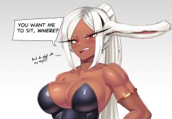 Rule 34 | 1girl, alternate hairstyle, animal ears, bare shoulders, boku no hero academia, breasts, castell, collarbone, dark-skinned female, dark skin, english text, impossible clothes, impossible leotard, large breasts, leotard, long hair, looking at viewer, mirko, muscular, muscular female, open mouth, ponytail, rabbit ears, raised eyebrow, red eyes, short eyebrows, solo, speech bubble, strapless, strapless leotard, teeth, upper body, upper teeth only, white hair