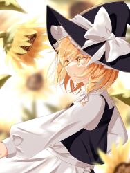 Rule 34 | 1girl, apron, black hat, black vest, blonde hair, bow, flower, from side, hat, hat bow, highres, kirisame marisa, long sleeves, shirt, solo, sunflower, toufuoishiiiiii, touhou, vest, waist apron, white apron, white bow, white shirt, witch hat, yellow eyes