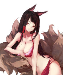 Rule 34 | 1girl, akagi (azur lane), animal ears, azur lane, bra, breasts, brown hair, cleavage, closed mouth, fox ears, fox girl, fox tail, highres, large breasts, long hair, looking at viewer, multiple tails, panties, red bra, red eyes, red panties, rizzl, simple background, solo, tail, underwear, underwear only, very long hair, white background