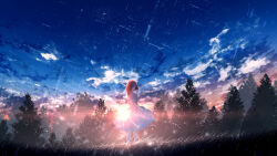 Rule 34 | 1girl, absurdres, brown hair, closed eyes, closed mouth, cloud, commentary request, dress, dusk, field, floating hair, forest, from side, furi0831, grass, highres, lens flare, long hair, nature, orange sky, original, outdoors, rain, scenery, shooting star, sky, sleeveless, sleeveless dress, solo, standing, star (sky), starry sky, sun, sunset, tree, white dress