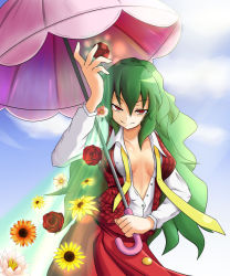 Rule 34 | 1girl, alternate hairstyle, bad id, bad pixiv id, breasts, breasts apart, cleavage, covered erect nipples, dress shirt, female focus, flower, green hair, grin, kazami yuuka, kazami yuuka (pc-98), large breasts, long hair, mystic square, necktie, no bra, open clothes, open shirt, parasol, plaid, plaid vest, red eyes, rose, shirt, smile, smirk, solo, sunflower, touhou, touhou (pc-98), umbrella, undone necktie, vest, yellow necktie, yunomi chawan