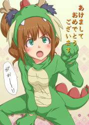 Rule 34 | 10s, 1girl, 2012, :o, akeome, angry, animal costume, blush, brown hair, costume, dragon costume, fang, green eyes, happy new year, idolmaster, idolmaster (classic), long hair, new year, open mouth, puton, sitting, solo, takatsuki yayoi, translation request, twintails