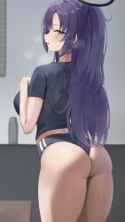 Rule 34 | 1girl, absurdres, ass, black shirt, blue archive, blue buruma, blue eyes, blue jacket, blush, breasts, buruma, gym uniform, halo, highres, jacket, k 0art, large breasts, long hair, looking at viewer, official alternate costume, ponytail, purple hair, shirt, short sleeves, solo, sticker on face, sweat, thick thighs, thighs, yuuka (blue archive), yuuka (track) (blue archive)