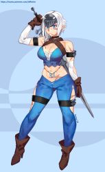 Rule 34 | 1girl, absurdres, artist name, bare shoulders, belly chain, black choker, blue background, blue eyes, blue pants, blue shirt, body freckles, boots, breasts, brown footwear, brown gloves, choker, cleavage, criss-cross halter, elf, freckles, full body, gloves, hair between eyes, halterneck, halterneck, headpiece, helmet, high heel boots, high heels, highres, jewelry, kaya (nilsunna), large breasts, looking at viewer, midriff, navel, original, pants, pointy ears, scar, scar on face, scar on stomach, shirt, short hair, side slit, silver hair, solo, standing, sunna (nilsunna), sword, thigh strap, weapon, white gloves